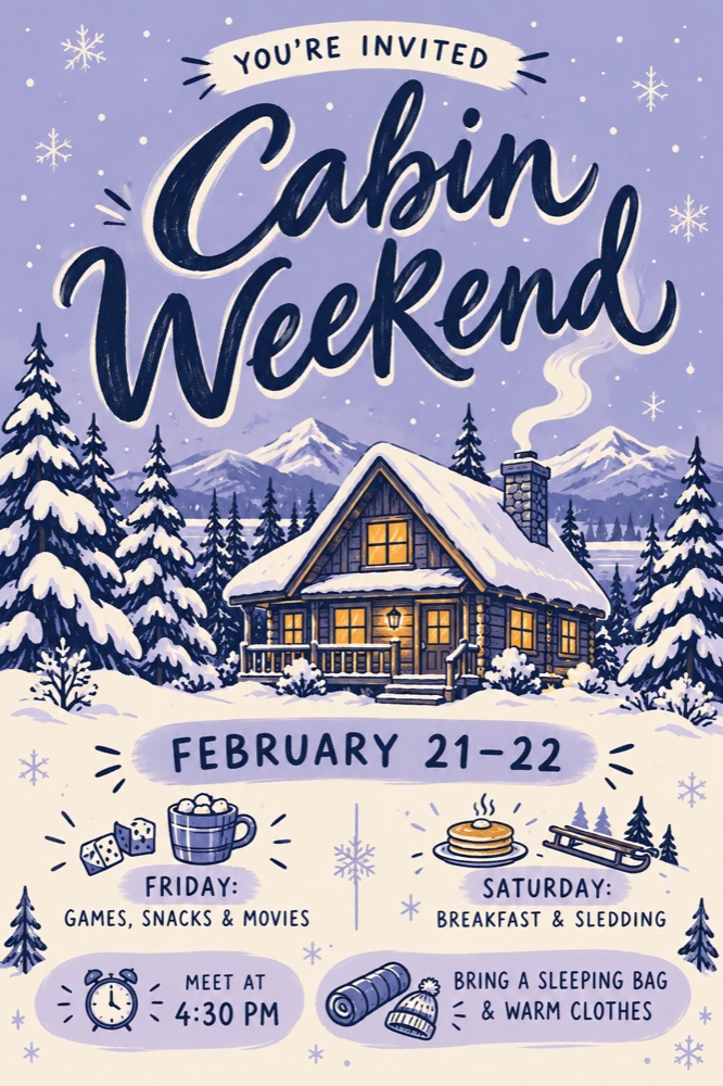 Cabin Weekend invitation: February 21–22, games, breakfast and sledding.