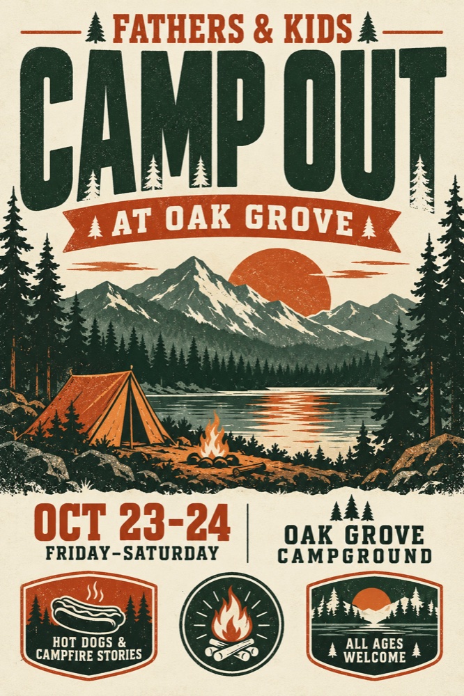 Campout invitation: fathers and kids, October 23–24 at Oak Grove campground.
