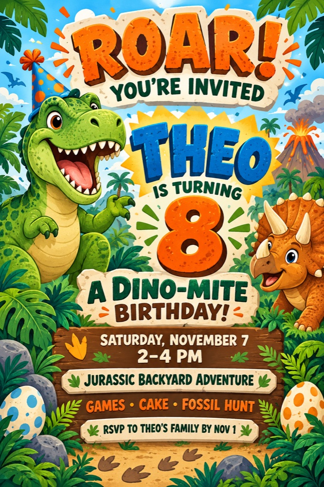 Theo’s eighth birthday dinosaur party invitation: November 7, 2–4 PM, with games, cake, and a fossil hunt.