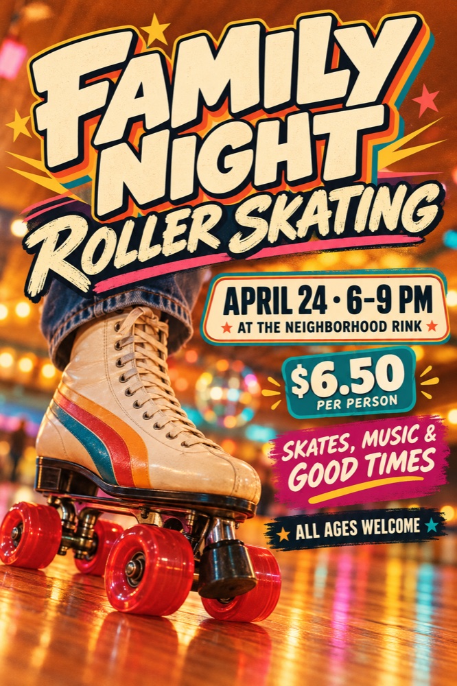 Family roller skating night flyer: April 24, 6–9 PM at the neighborhood rink.